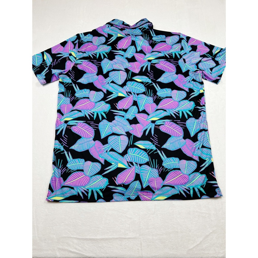 Chubbies Mens XXL Performance Polo Shirt Neon Tropical Leaf Print Black Purple - Picture 8 of 8